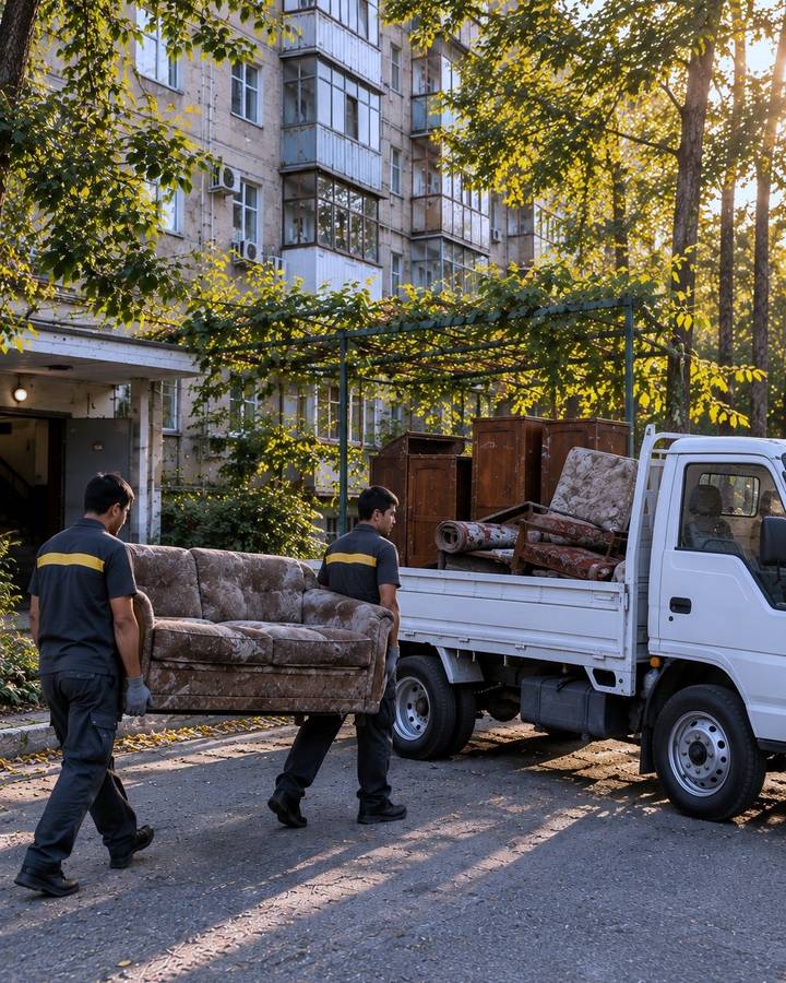 Грузчики FRESKO выносят старый диван к грузовику с мебелью